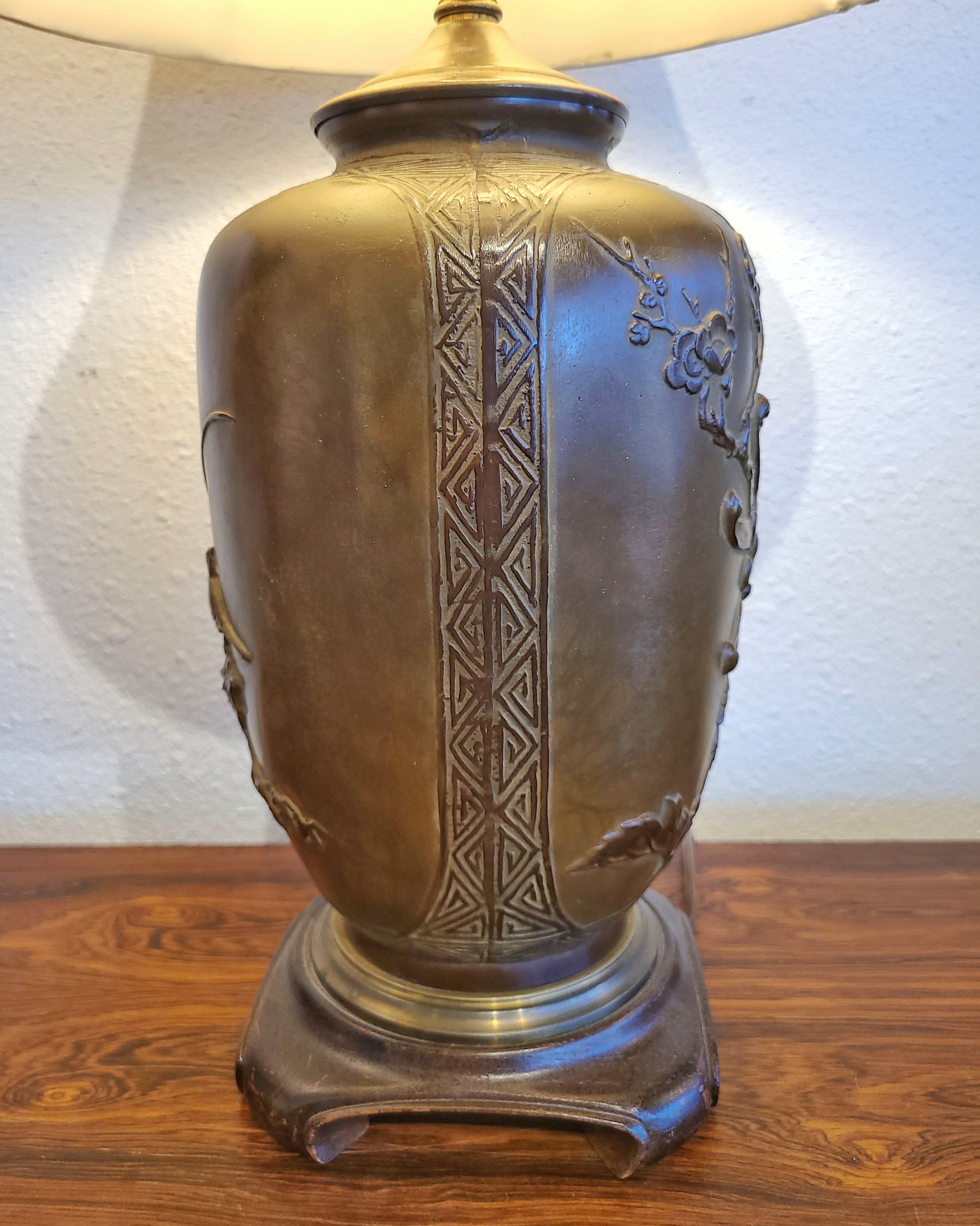 MEIJI PERIOD BRONZE BAS-RELIEF VASE TURNED LAMP