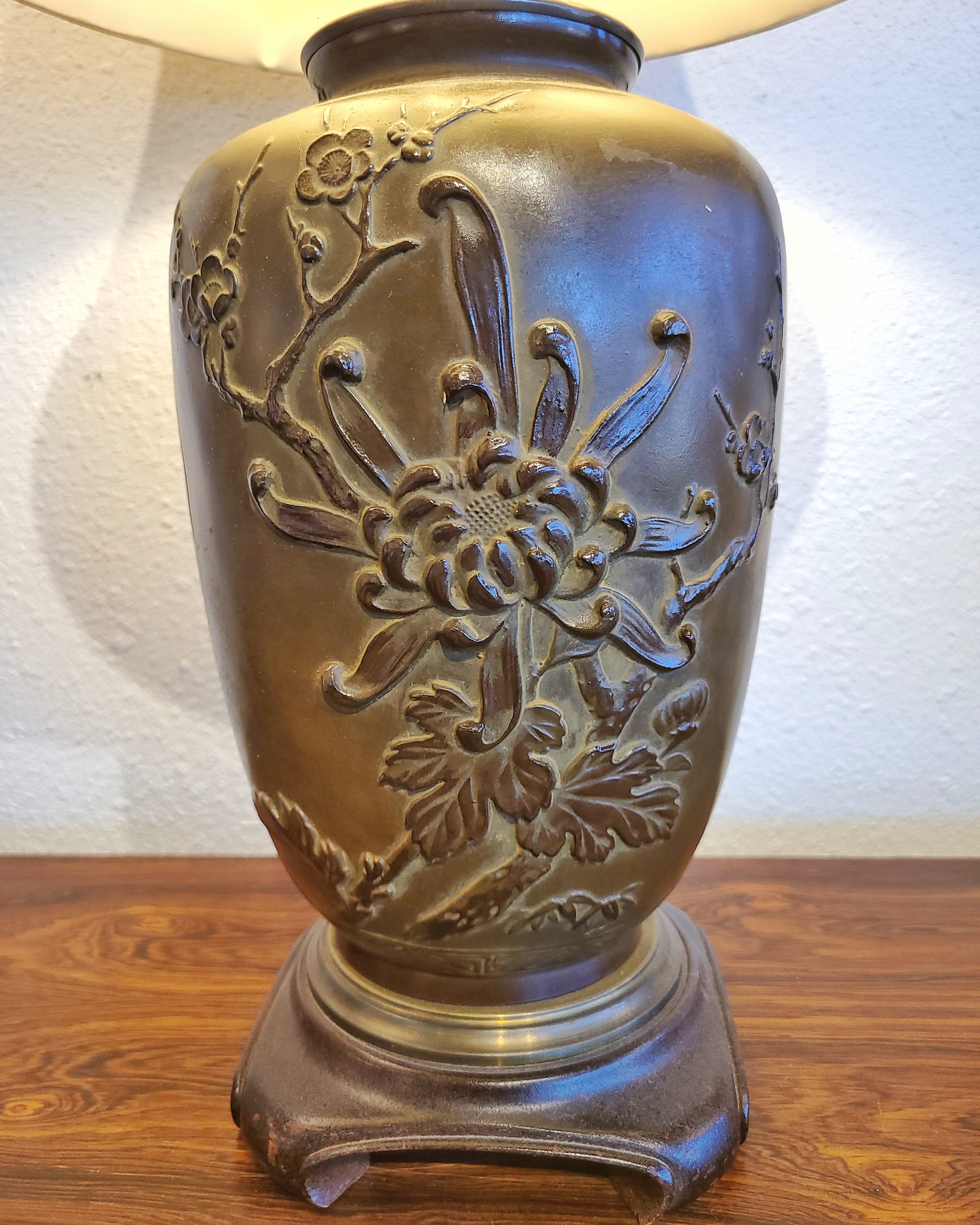 MEIJI PERIOD BRONZE BAS-RELIEF VASE TURNED LAMP