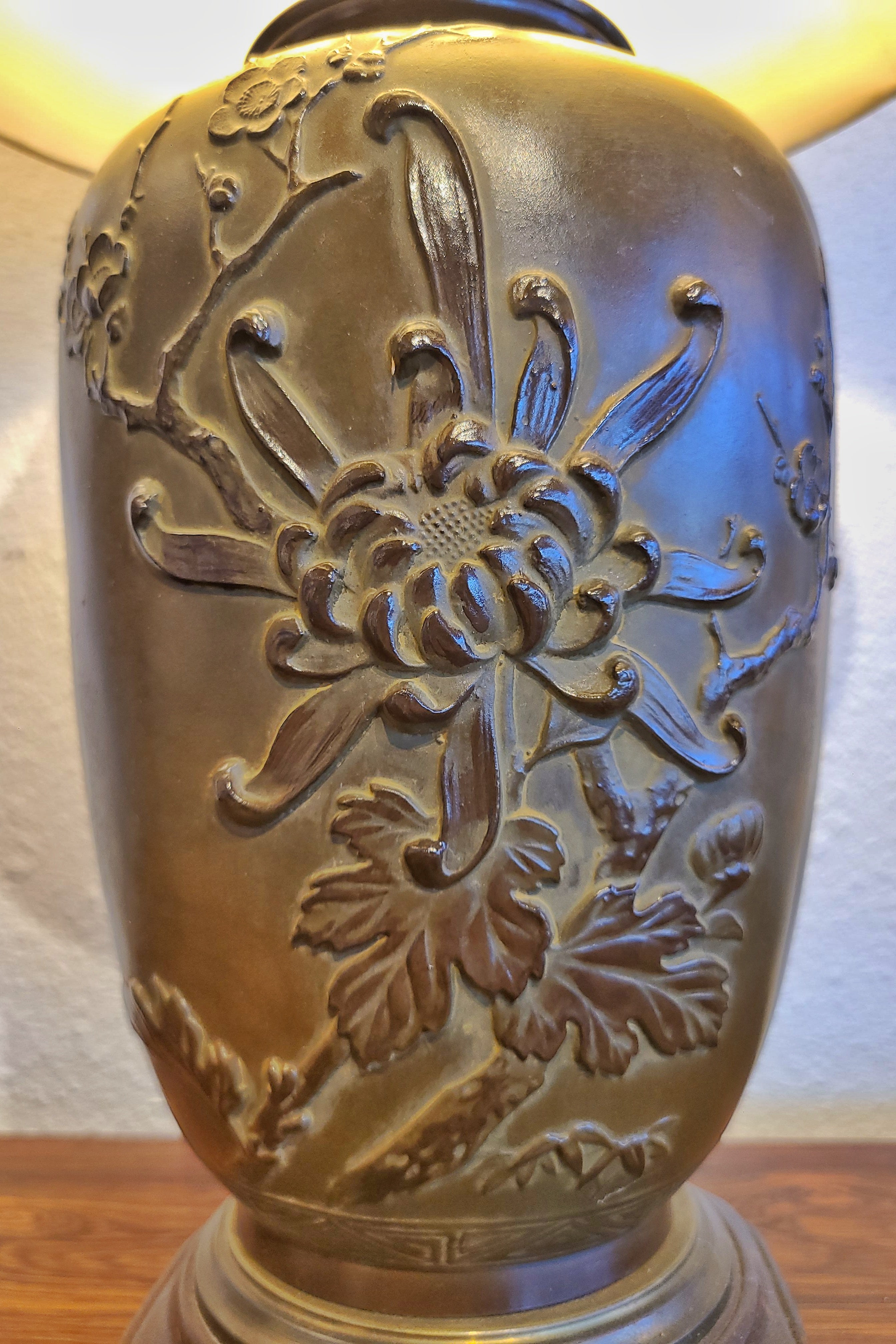 MEIJI PERIOD BRONZE BAS-RELIEF VASE TURNED LAMP