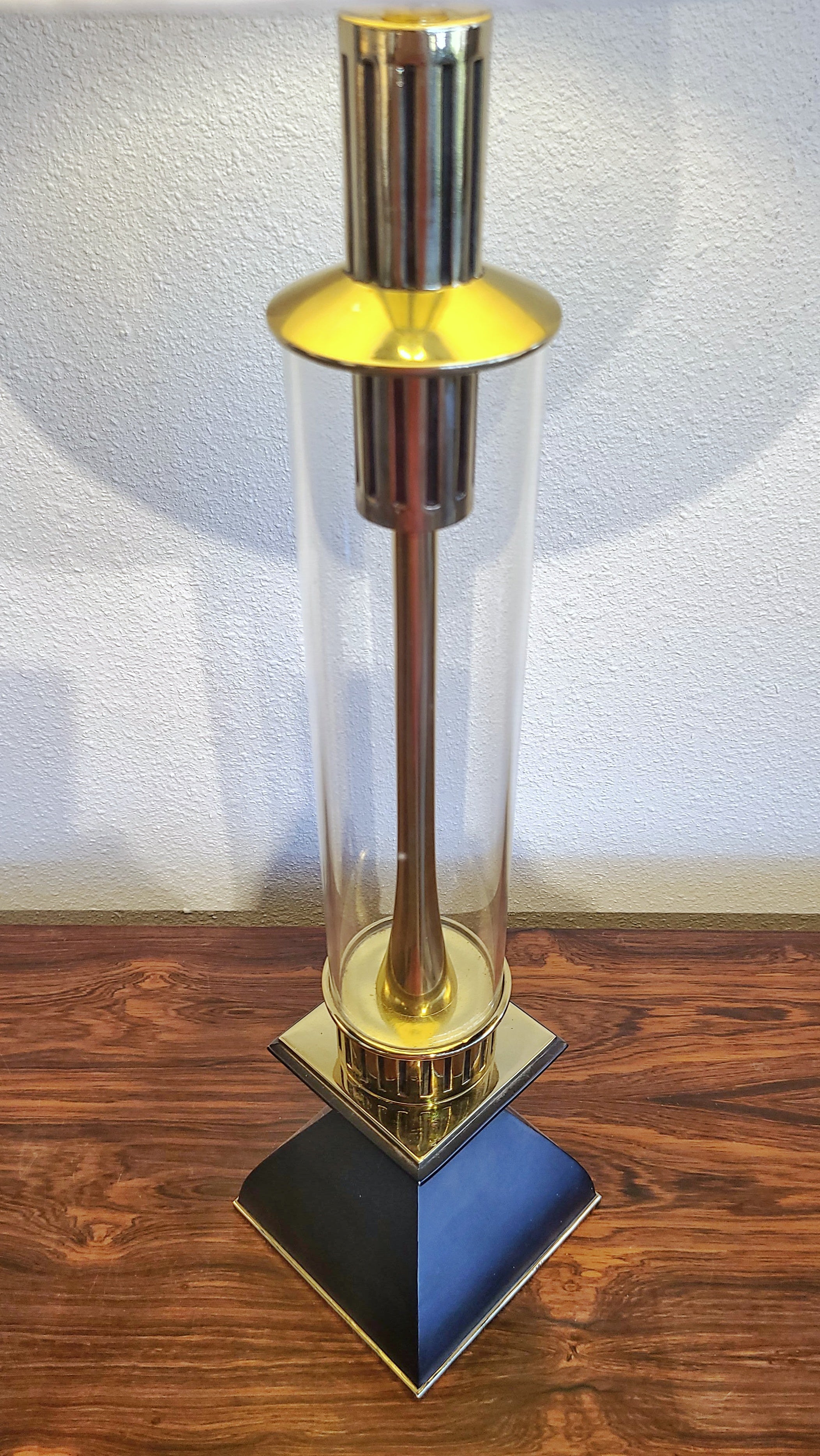 TUBULAR GLASS AND BRASS STIFFEL-STYLE TABLE LAMP WITH LINED SHADE