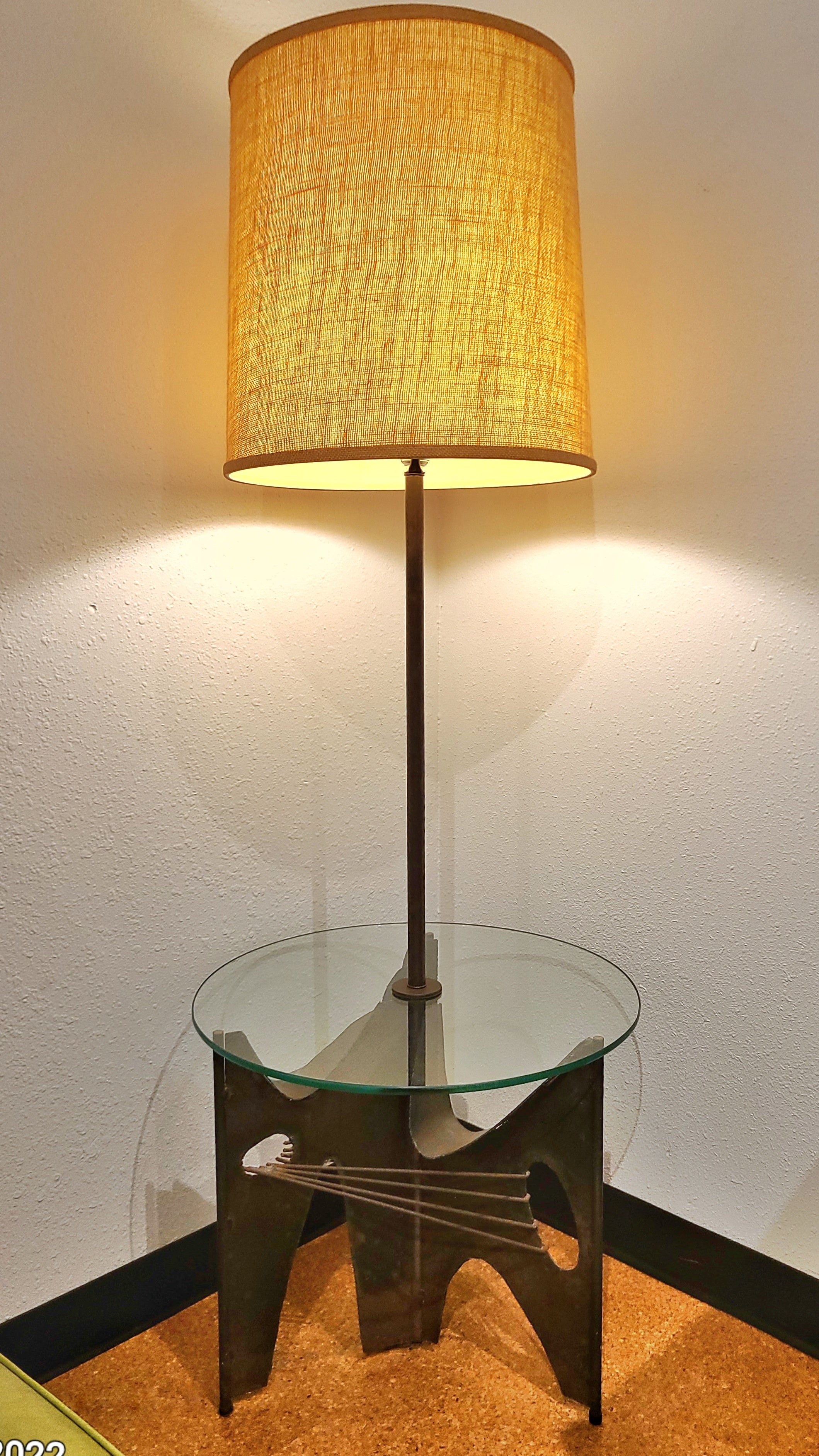 TORCH CUT IRON FLOOR LAMP WITH GLASS TABLE BY RICHARD BARR FOR LAUREL