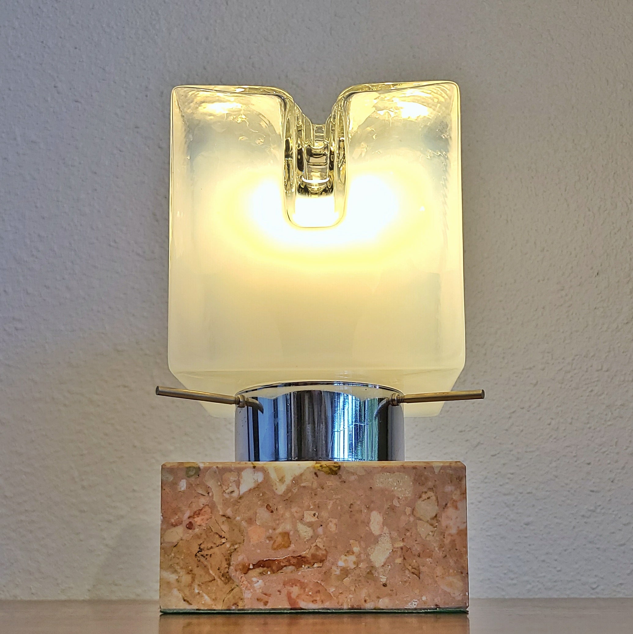 MARBLE BASE MAZZEGA CUBE LAMP WITH MURANO OPAL GLASS SHADE