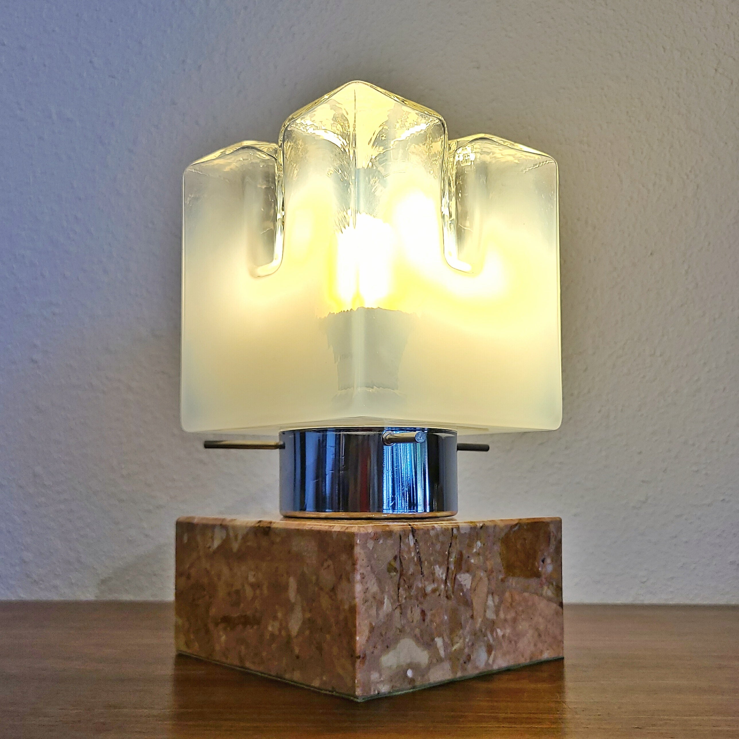 MARBLE BASE MAZZEGA CUBE LAMP WITH MURANO OPAL GLASS SHADE