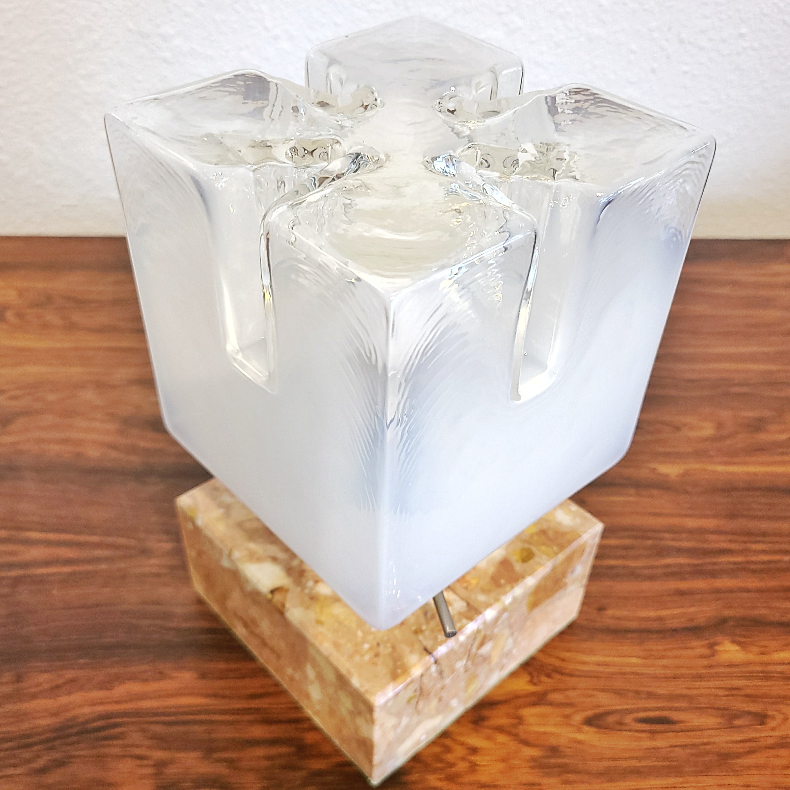 MARBLE BASE MAZZEGA CUBE LAMP WITH MURANO OPAL GLASS SHADE